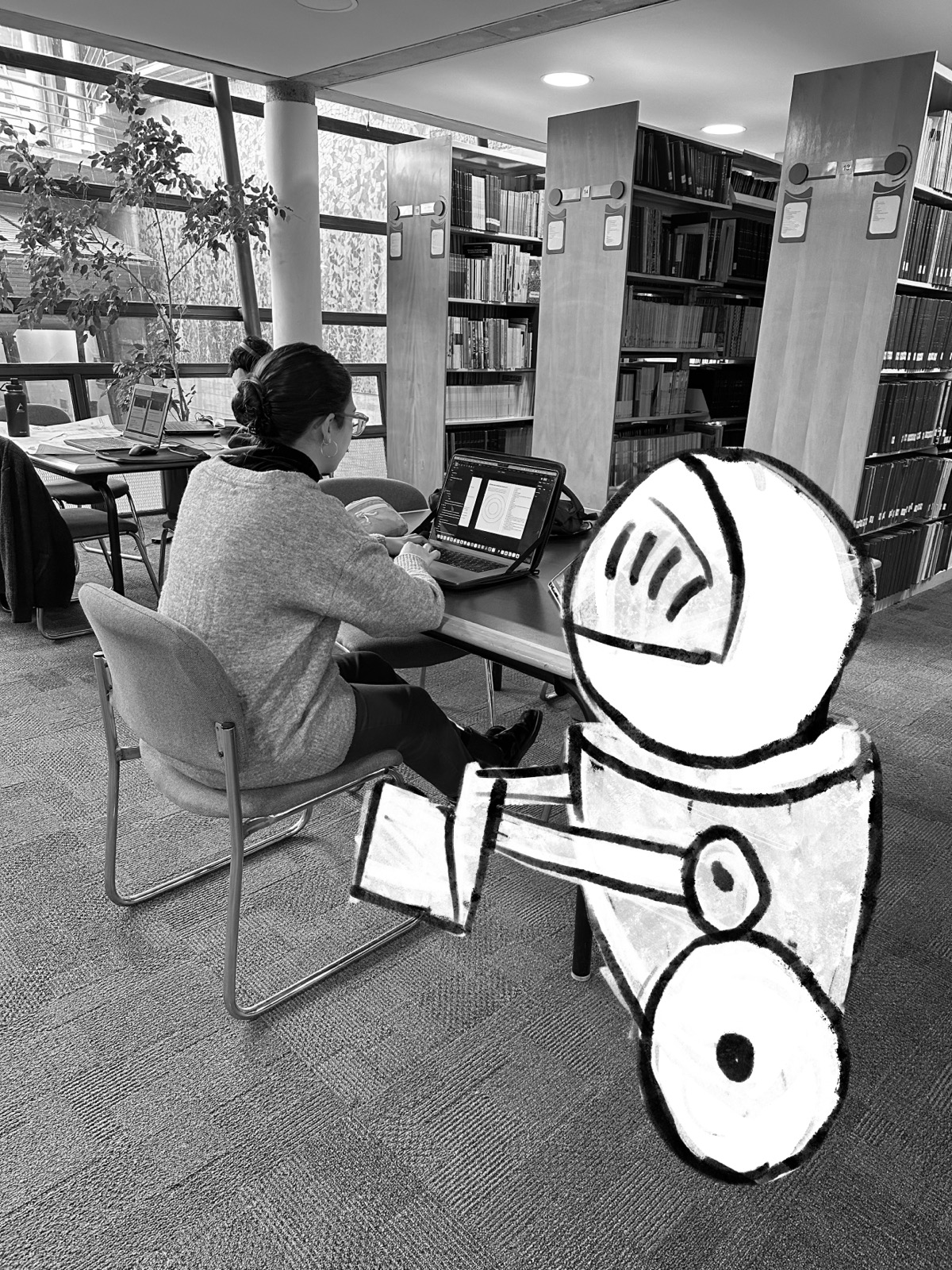 Boceto de dispositivo proyectado sobre un espacio cotidiano del campus.